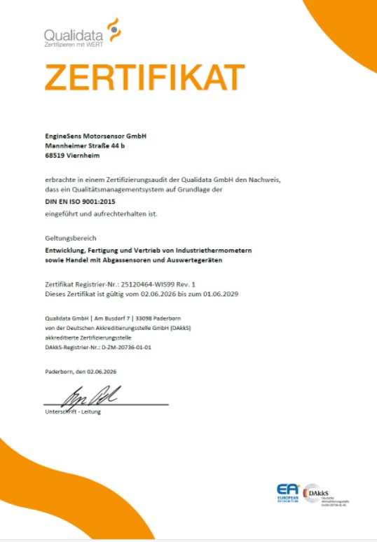 EngineSens ISO 9001 Zertikikat klein